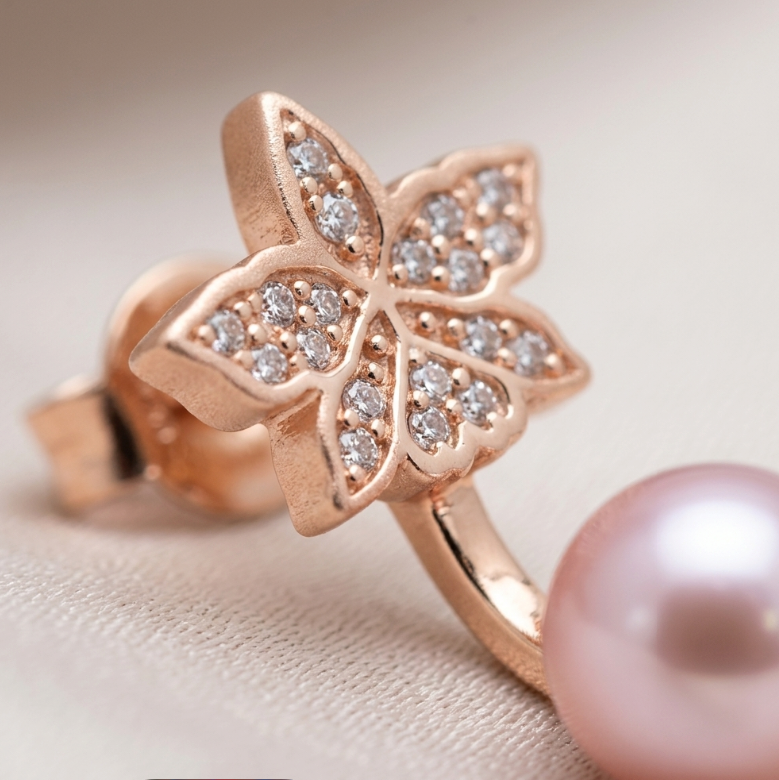 Signature Pink Zircon Cattleya Earring, Rose Pearl Jacket : 18k Rose Gold Rose Pearl - Orchidique