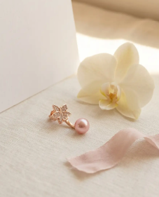 Signature Pink Zircon Cattleya Earring, Rose Pearl Jacket : 18k Rose Gold Rose Pearl - Orchidique