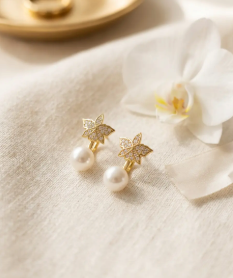 Signature Orchid Stud Earrings • Cattleya • White Zircon • Pearl Jacket • 14K Gold - Orchidique