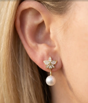 Signature Orchid Stud Earrings • Cattleya • White Zircon • Pearl Jacket • 14K Gold - Orchidique