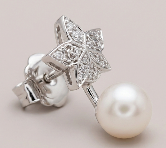 Signature Orchid Stud Earrings • White Cattleya Alba • White Zircon • Pearl Jacket • 14K White Gold