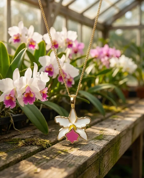 La Colombiana Orchid Jewelry Set • White Pink Cattleya Pendant Necklace Earrings • 925 Silver - Orchidique