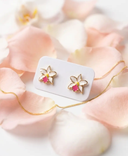 La Colombiana Orchid Jewelry Set • White Pink Cattleya Pendant Necklace Earrings • 925 Silver - Orchidique
