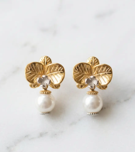 Orchid Pearl Drop Earrings • Phalaenopsis Necklace • Gold Plated