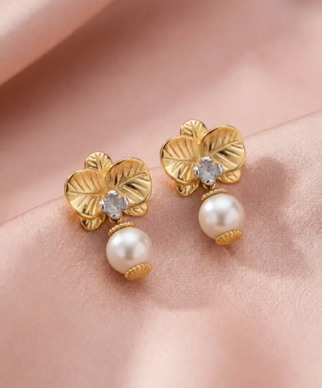 Orchid Pearl Drop Earrings • Phalaenopsis Necklace • Gold Plated