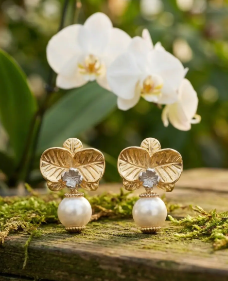 Orchid Pearl Drop Earrings • Phalaenopsis Necklace • Gold Plated