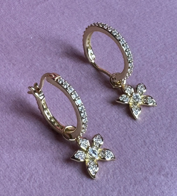 La Brillosa Cattleya Collection Zircon Huggie Hoop Earrings with Orchid Charm