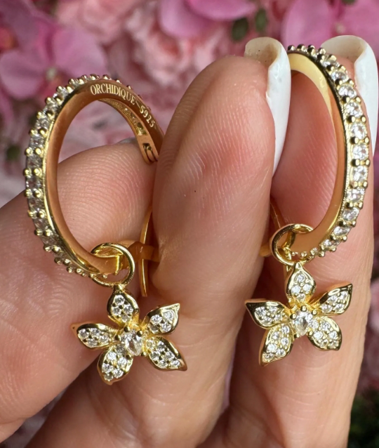 La Brillosa Cattleya Collection Zircon Huggie Hoop Earrings with Orchid Charm