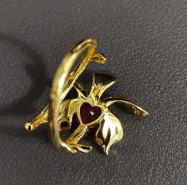 vanda orchid ring, pink, 14K gold plated sterling silver, on dark grey fabric, top angle – Orchidique
