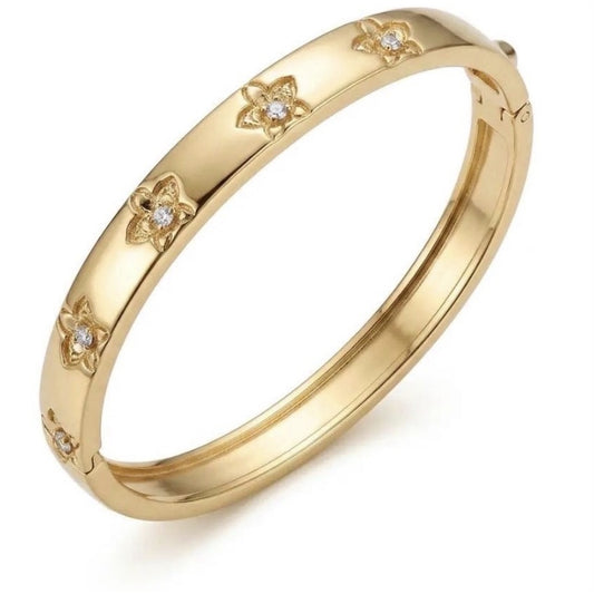 Gold plated Cattleya orchid hinged bangle with zircon blooms