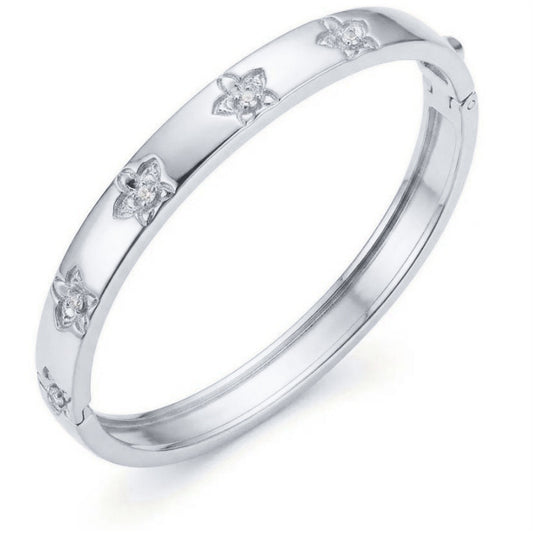 Rhodium plated Cattleya orchid hinged bangle with zircon blooms