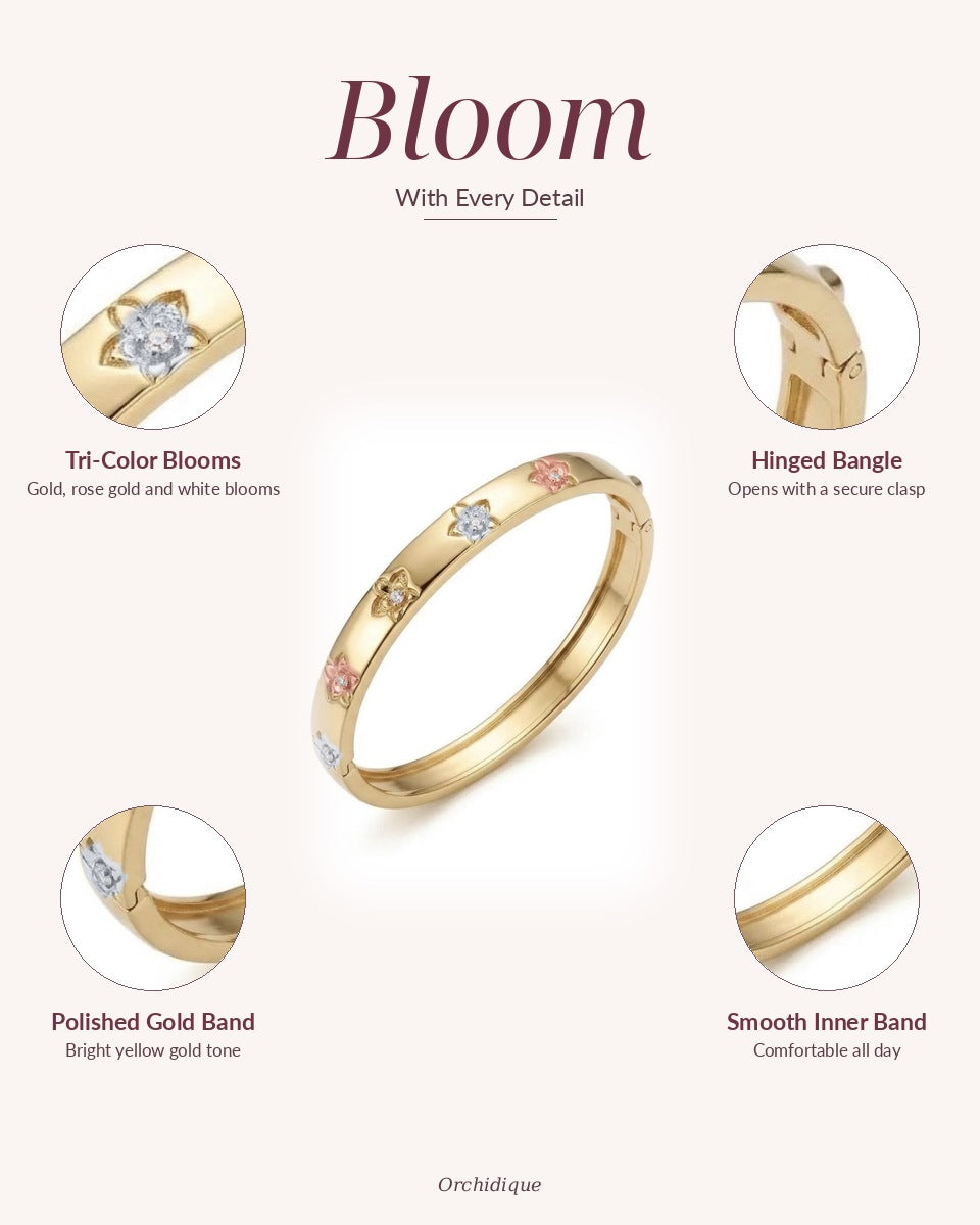 cattleya orchid bracelet, tri-color, 14K gold plated sterling silver, detail view – Orchidique