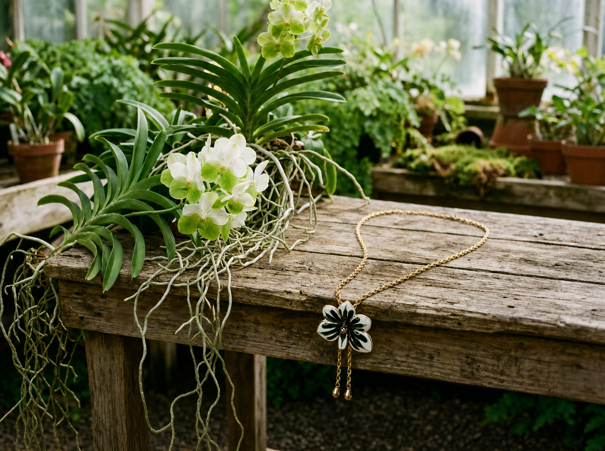Vanda Orchid Lariat Necklace and Huggie Hoops — Orchidique view 3