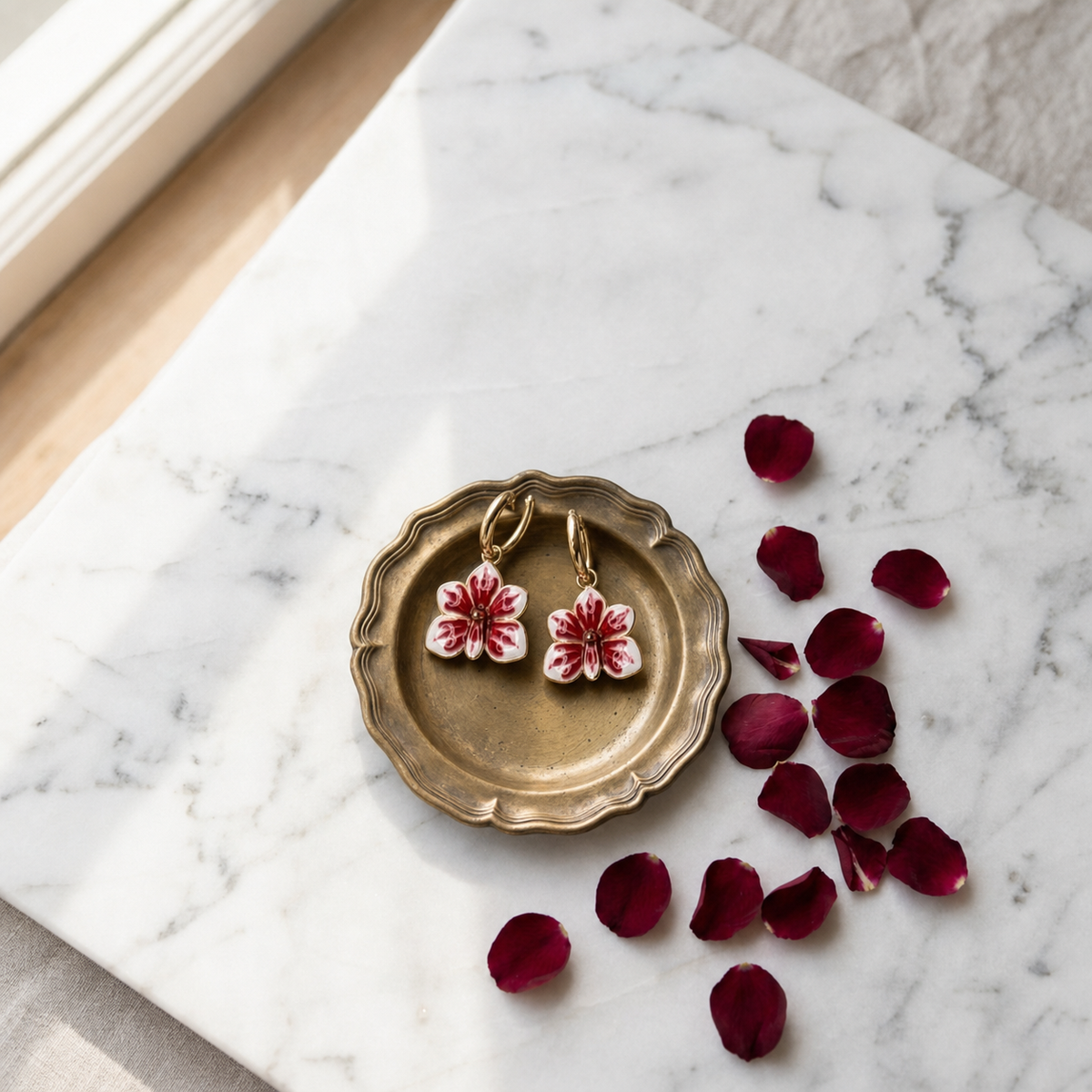 vanda orchid necklace, red white enamel, 14K gold plated sterling silver, hoops on gold dish, petals – Orchidique
