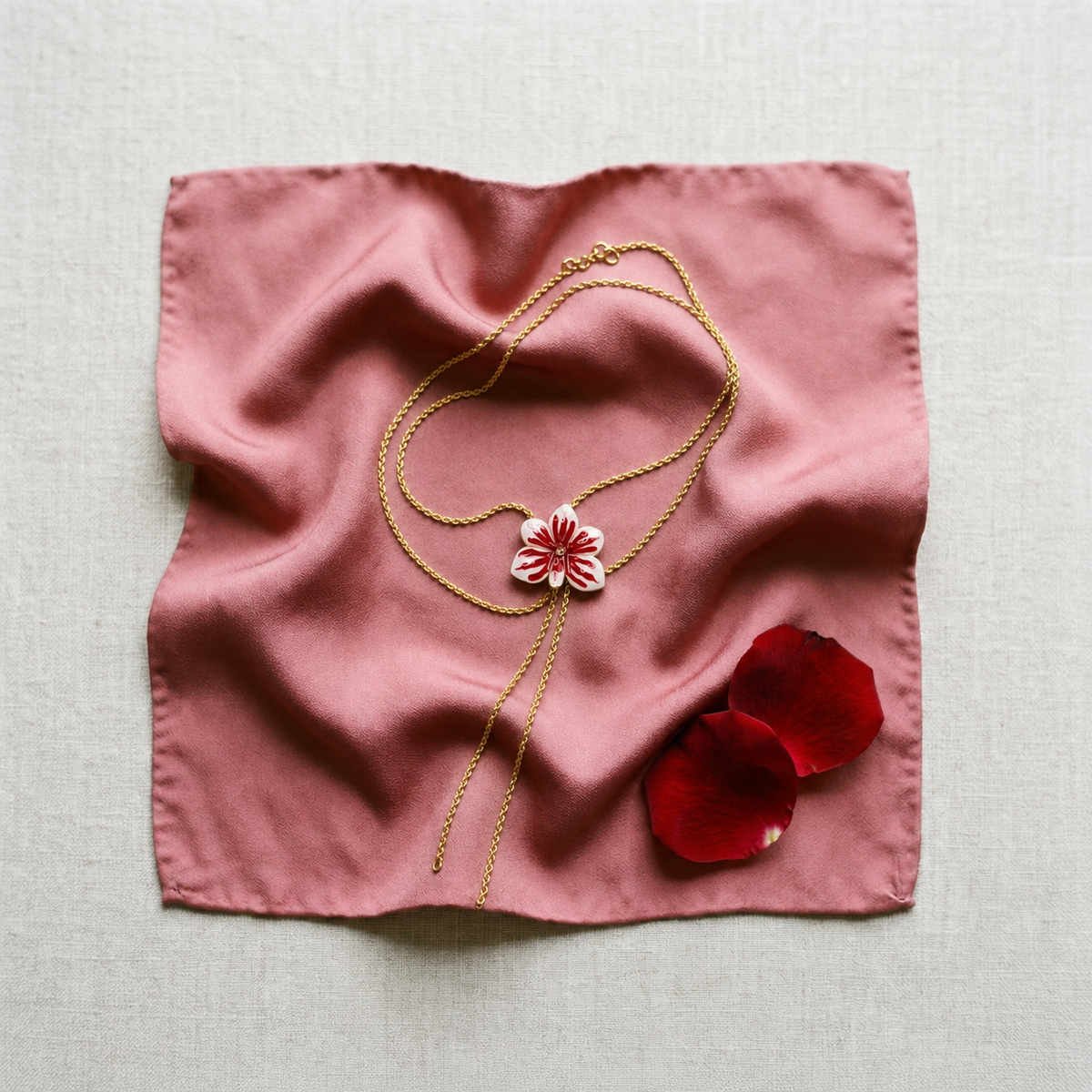 vanda orchid necklace, red white enamel, 14K gold plated sterling silver, lariat on pink silk, petals – Orchidique