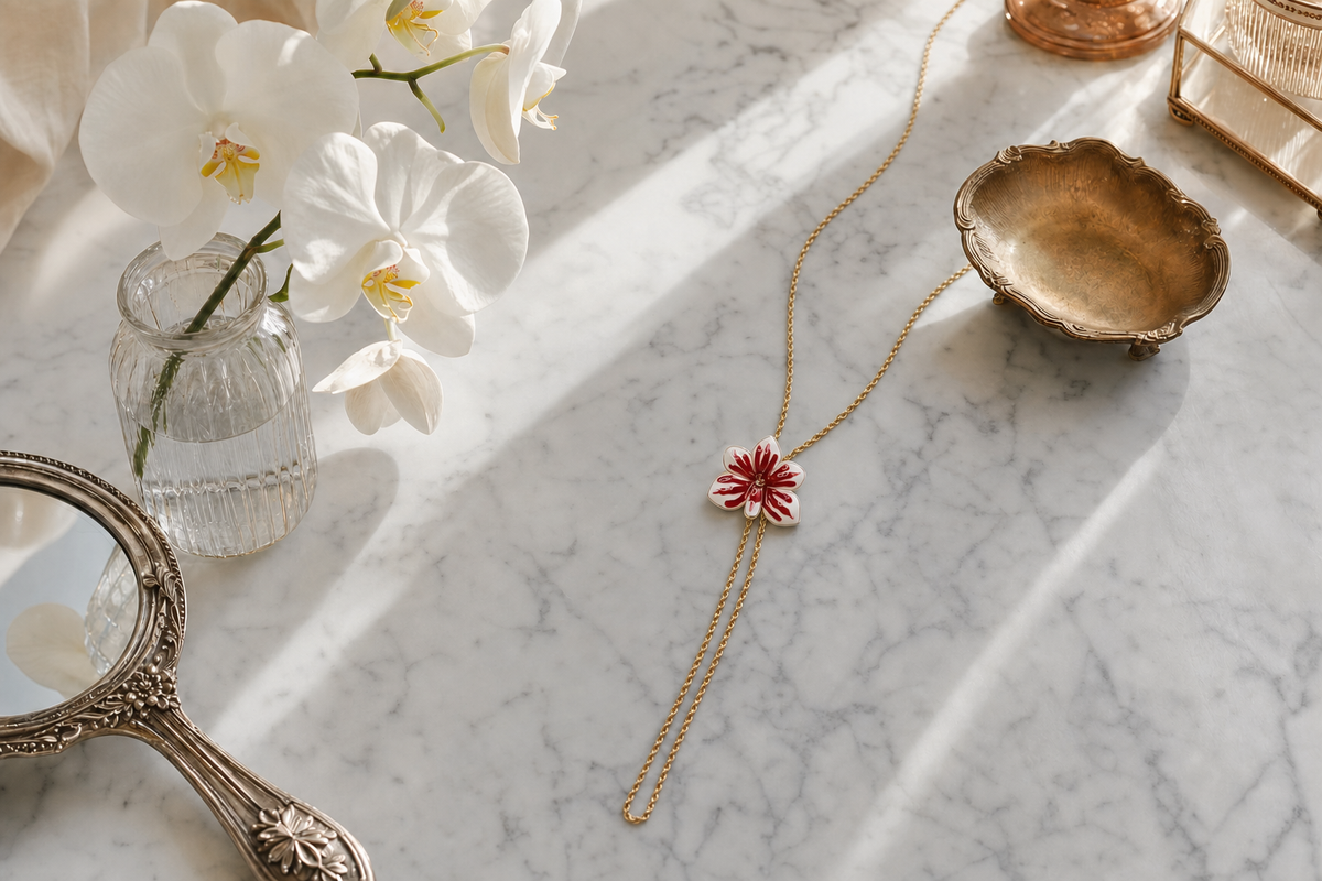vanda orchid necklace, red white enamel, 14K gold plated sterling silver, tenth view – Orchidique