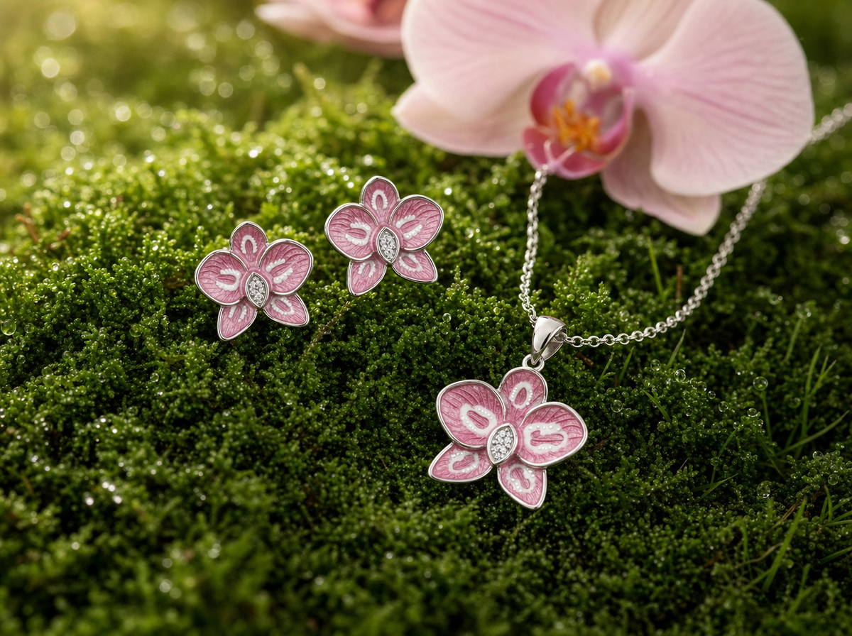 phalaenopsis orchid necklace or studs, pink splash enamel, rhodium plated sterling silver, detail view – Orchidique