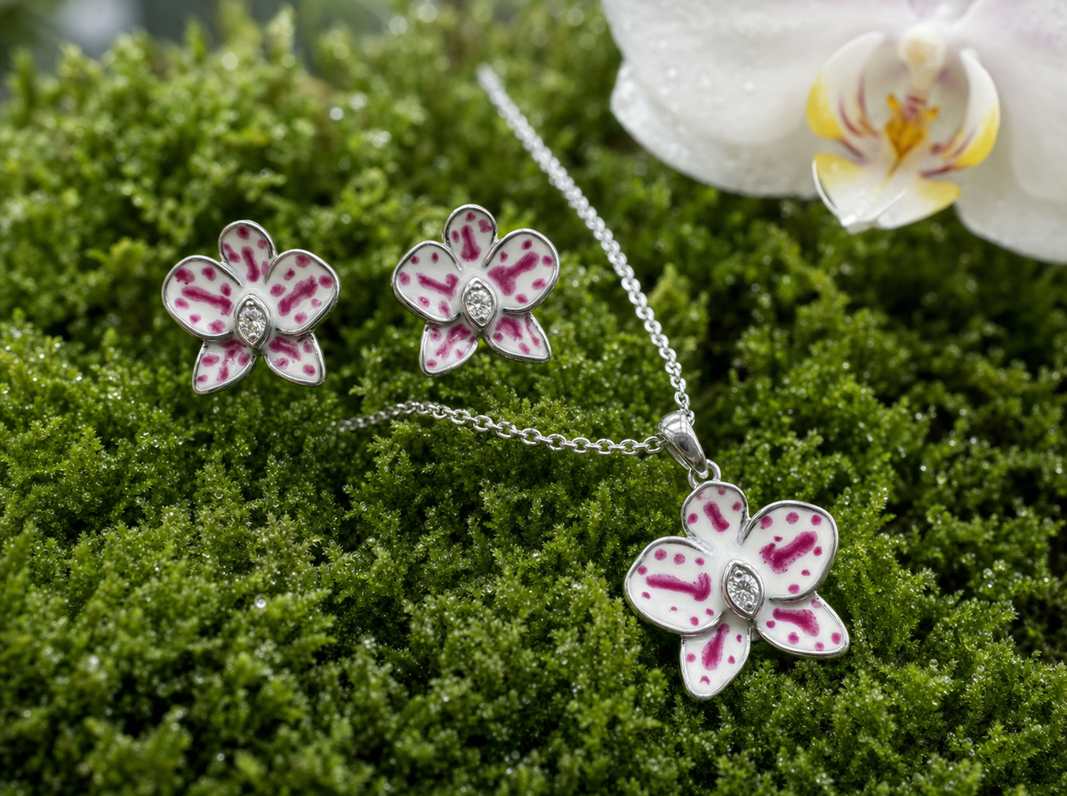 phalaenopsis orchid necklace or studs, white splash enamel, zircon, rhodium plated sterling silver – Orchidique
