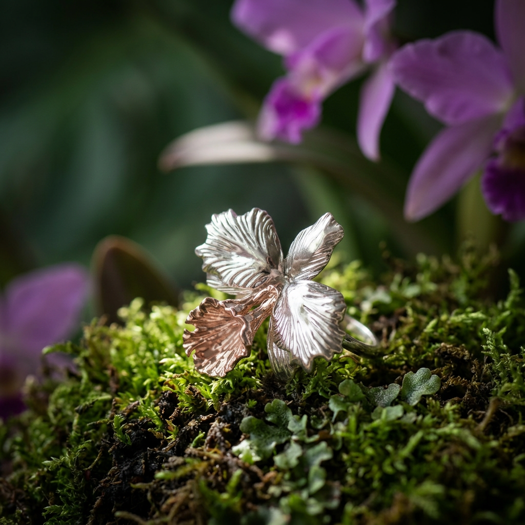 cattleya orchid ring, two-tone and silver, 14K gold plated sterling silver – Orchidique
