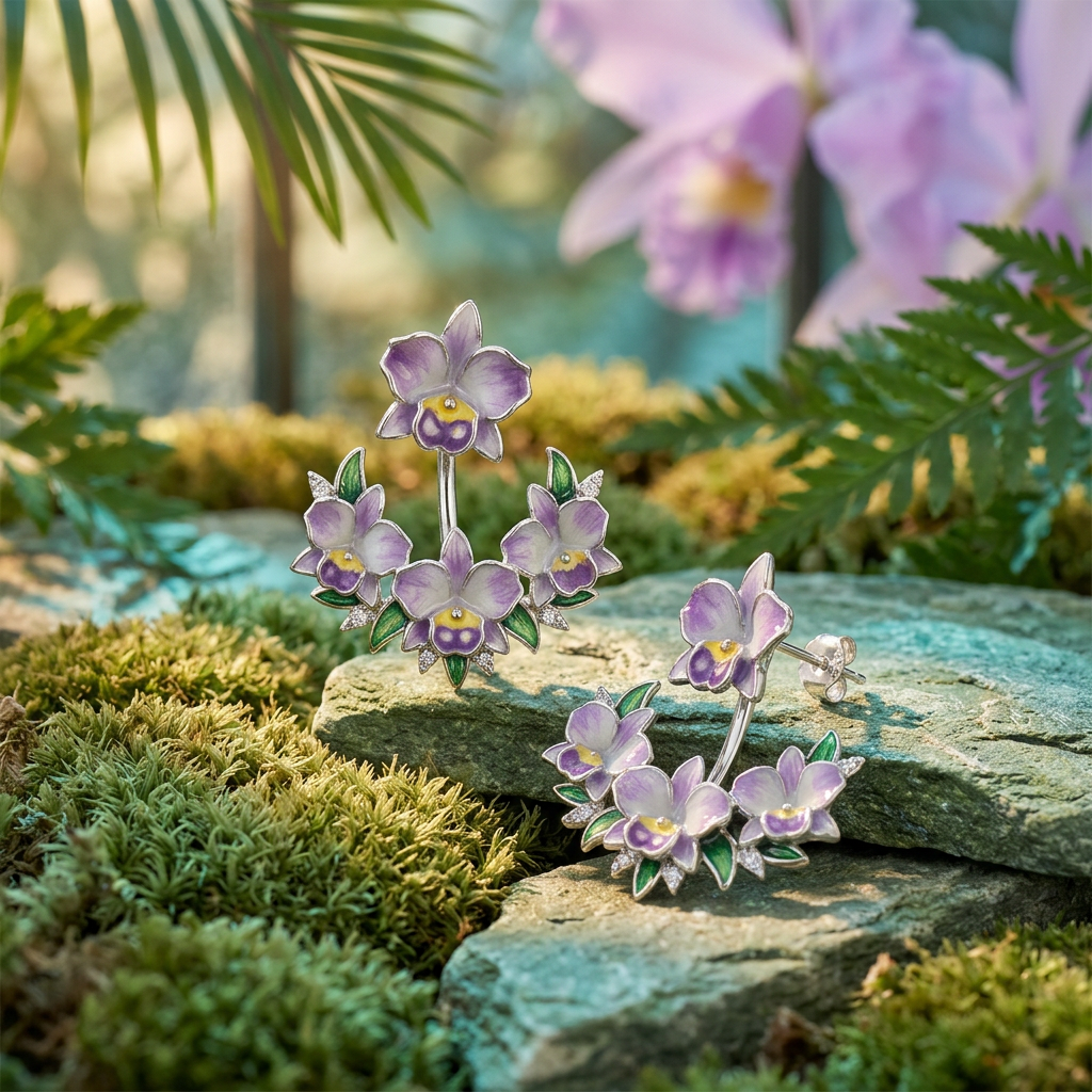 cattleya orchid stud earrings, lavender enamel, 14K gold plated sterling silver, detail view – Orchidique