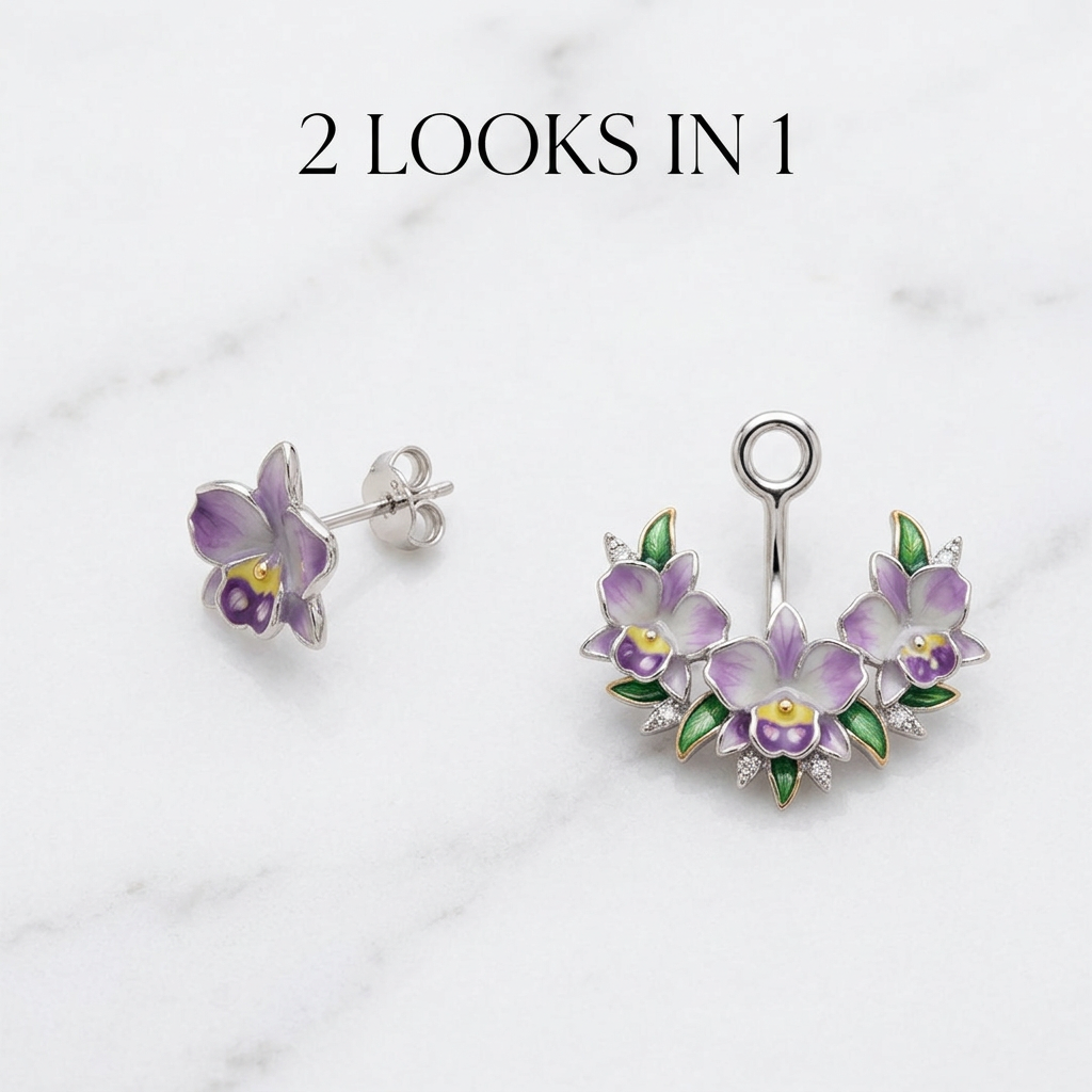 cattleya orchid stud earrings, lavender enamel, 14K gold plated sterling silver, stud and jacket on marble – Orchidique