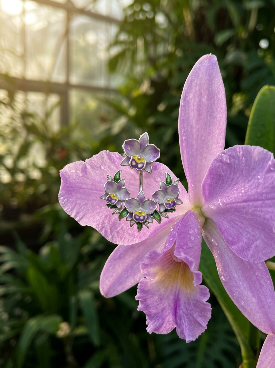 cattleya orchid stud earrings, lavender enamel, 14K gold plated sterling silver, on live cattleya bloom – Orchidique