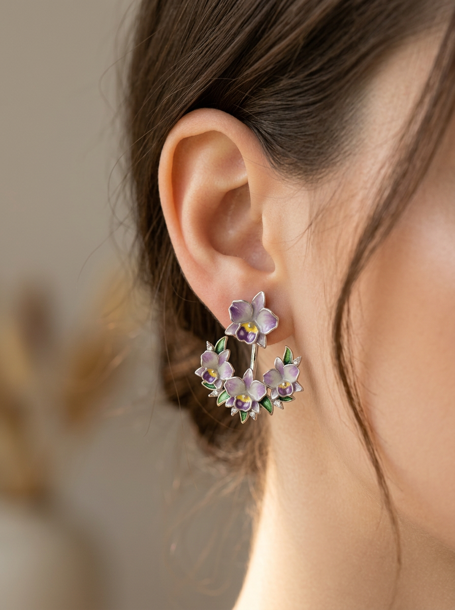 cattleya orchid stud earrings, lavender enamel, 14K gold plated sterling silver, worn on model – Orchidique