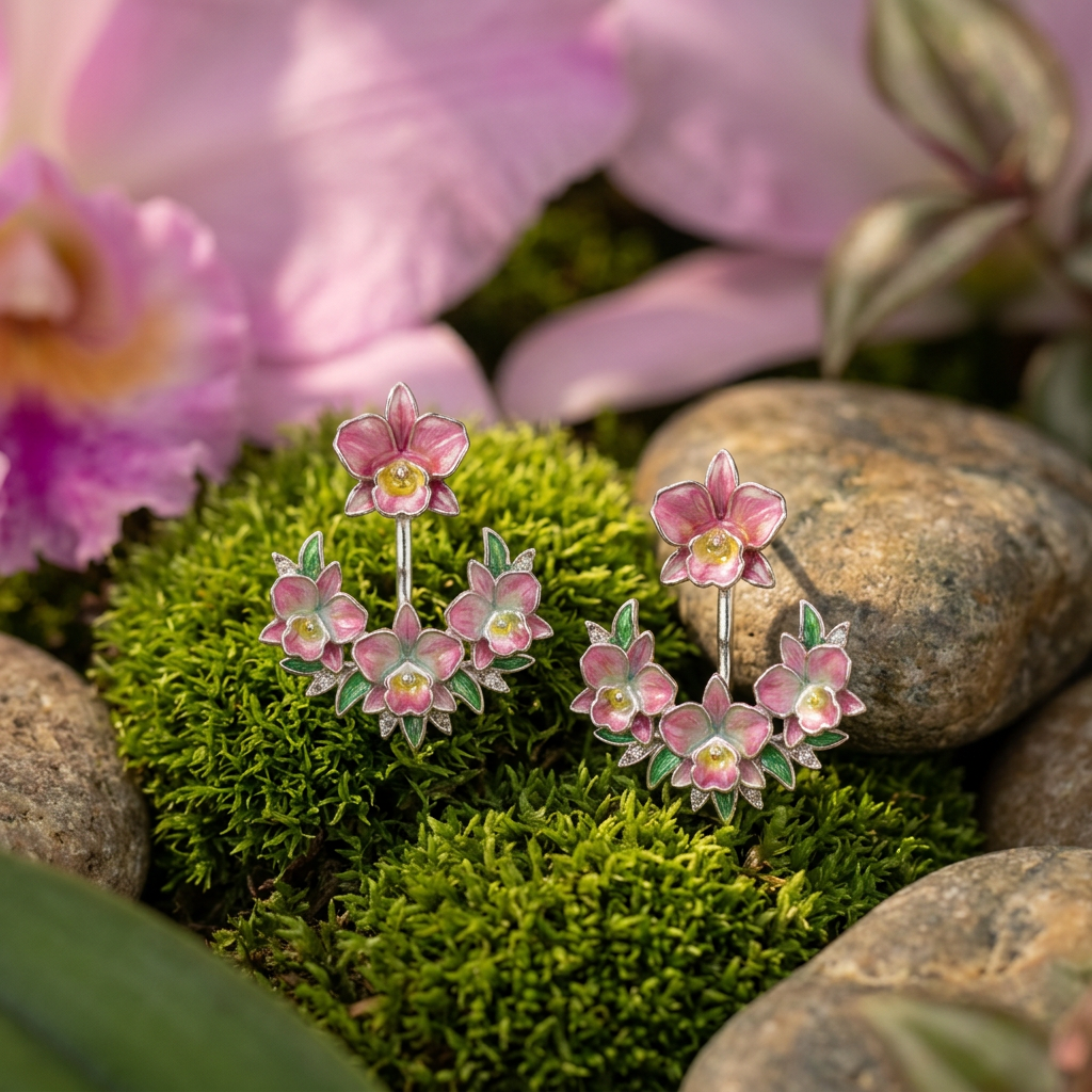 cattleya orchid stud earrings, pink enamel, 14K gold plated sterling silver, detail view – Orchidique