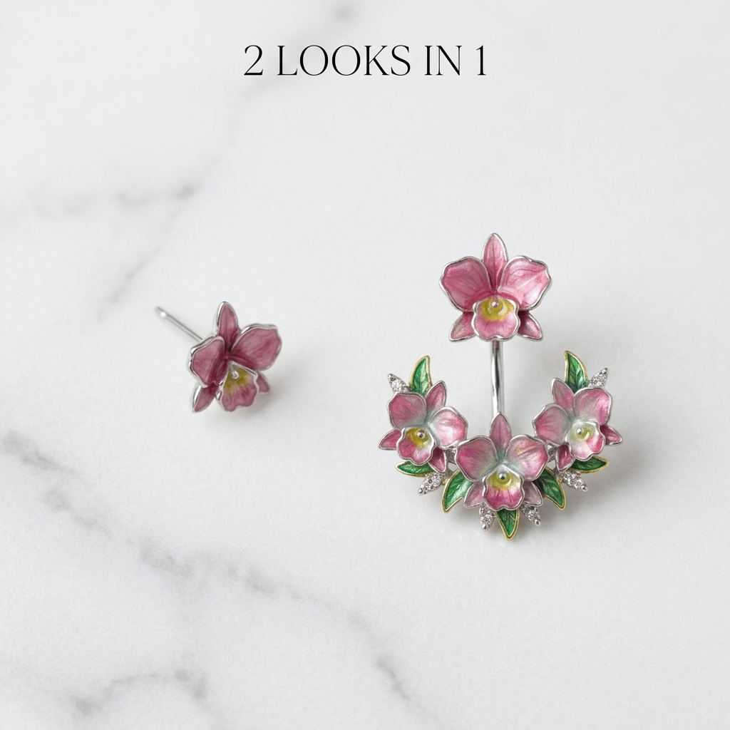 cattleya orchid stud earrings, pink enamel, 14K gold plated sterling silver, stud and jacket on marble – Orchidique