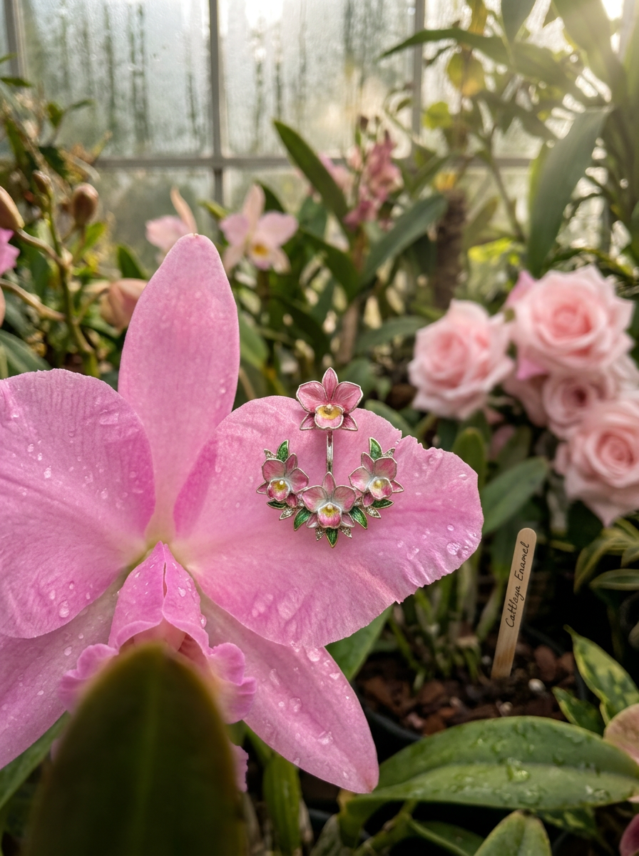 cattleya orchid stud earrings, pink enamel, 14K gold plated sterling silver, on live orchid bloom – Orchidique