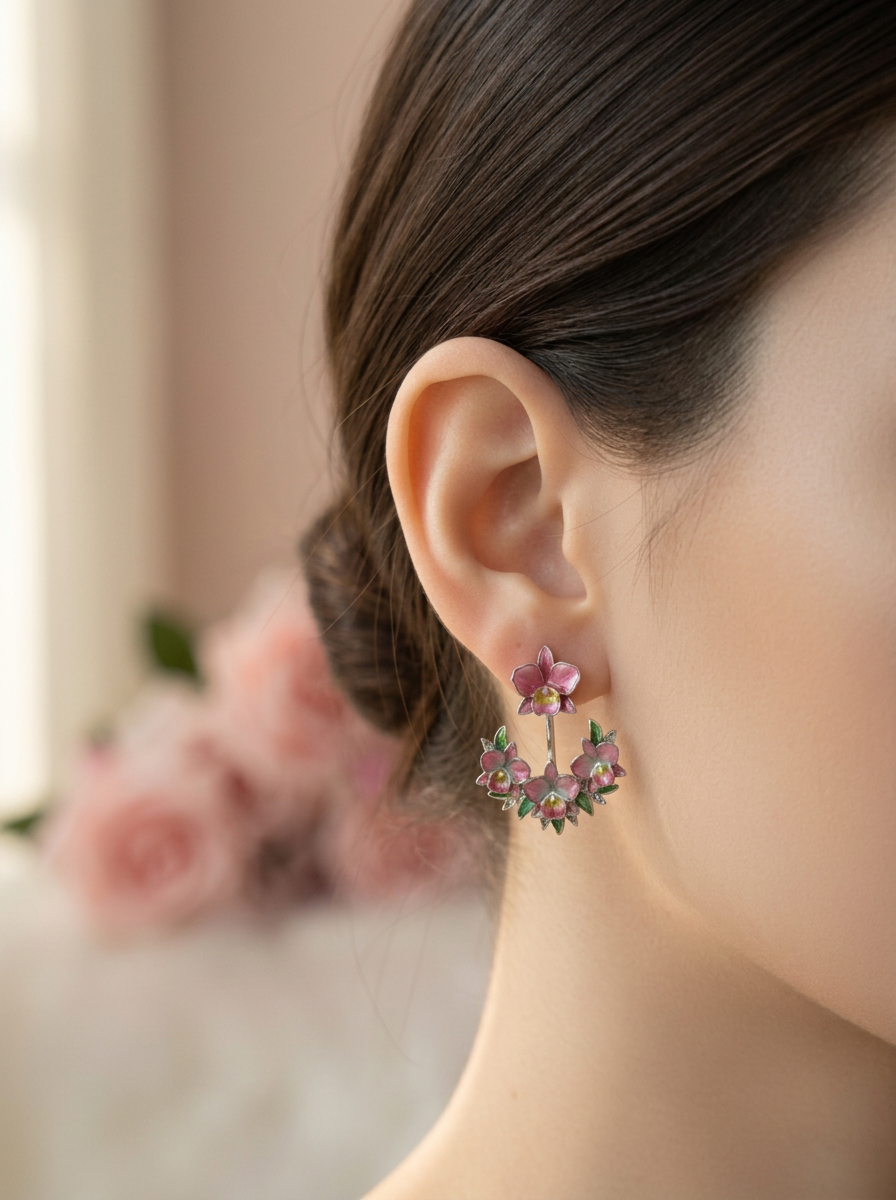 cattleya orchid stud earrings, pink enamel, 14K gold plated sterling silver, worn by model – Orchidique