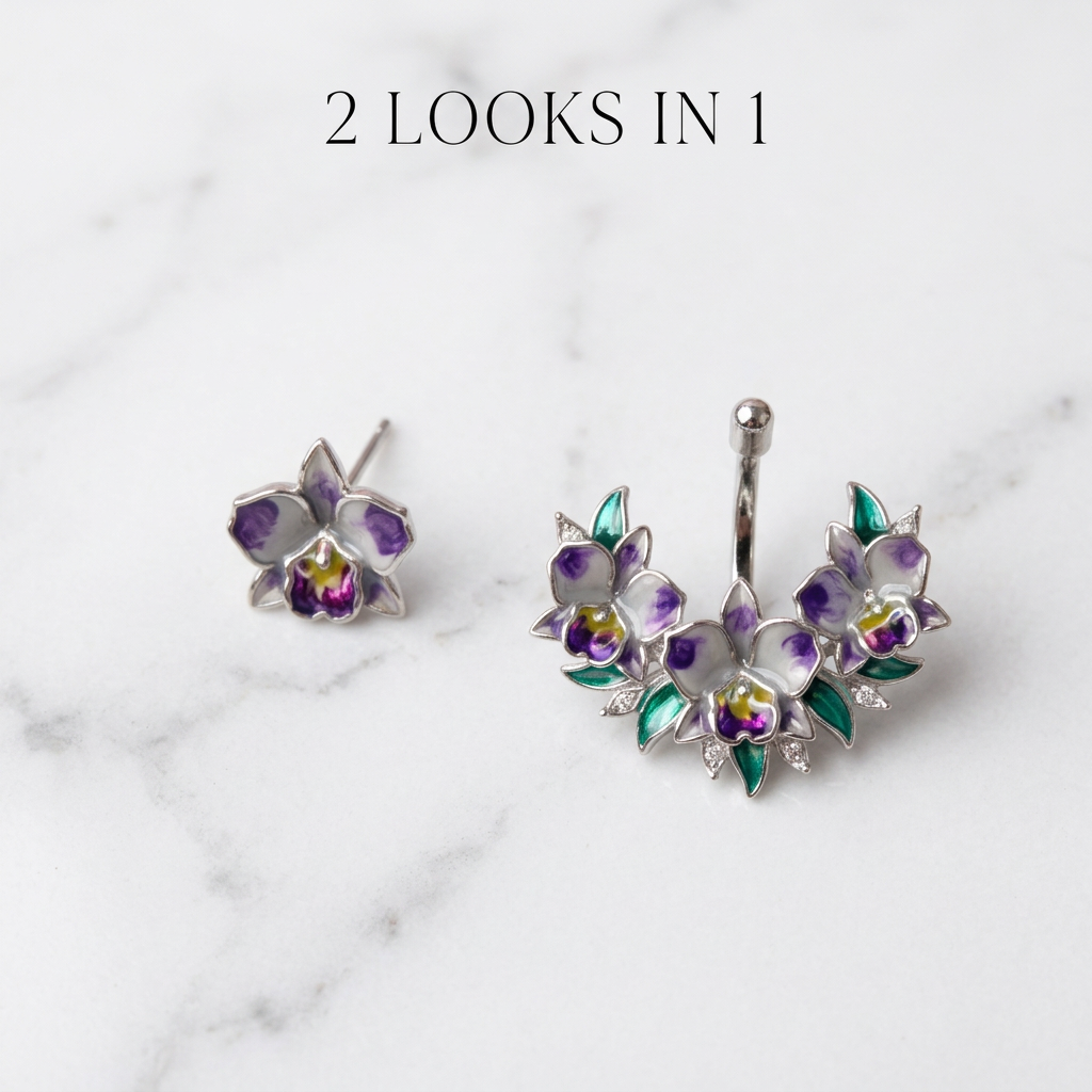cattleya orchid stud earrings, eggplant purple, rhodium plated sterling silver, stud and jacket pair on marble – Orchidique