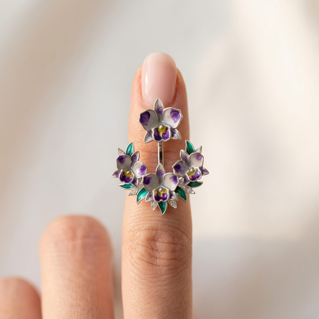 cattleya orchid stud earrings, eggplant purple, rhodium plated sterling silver, jacket earring held on finger – Orchidique