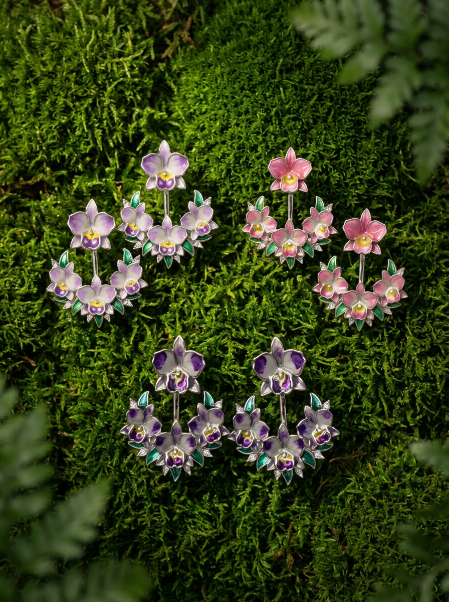 cattleya orchid stud earrings, pink enamel, 14K gold plated sterling silver, colorways on moss – Orchidique