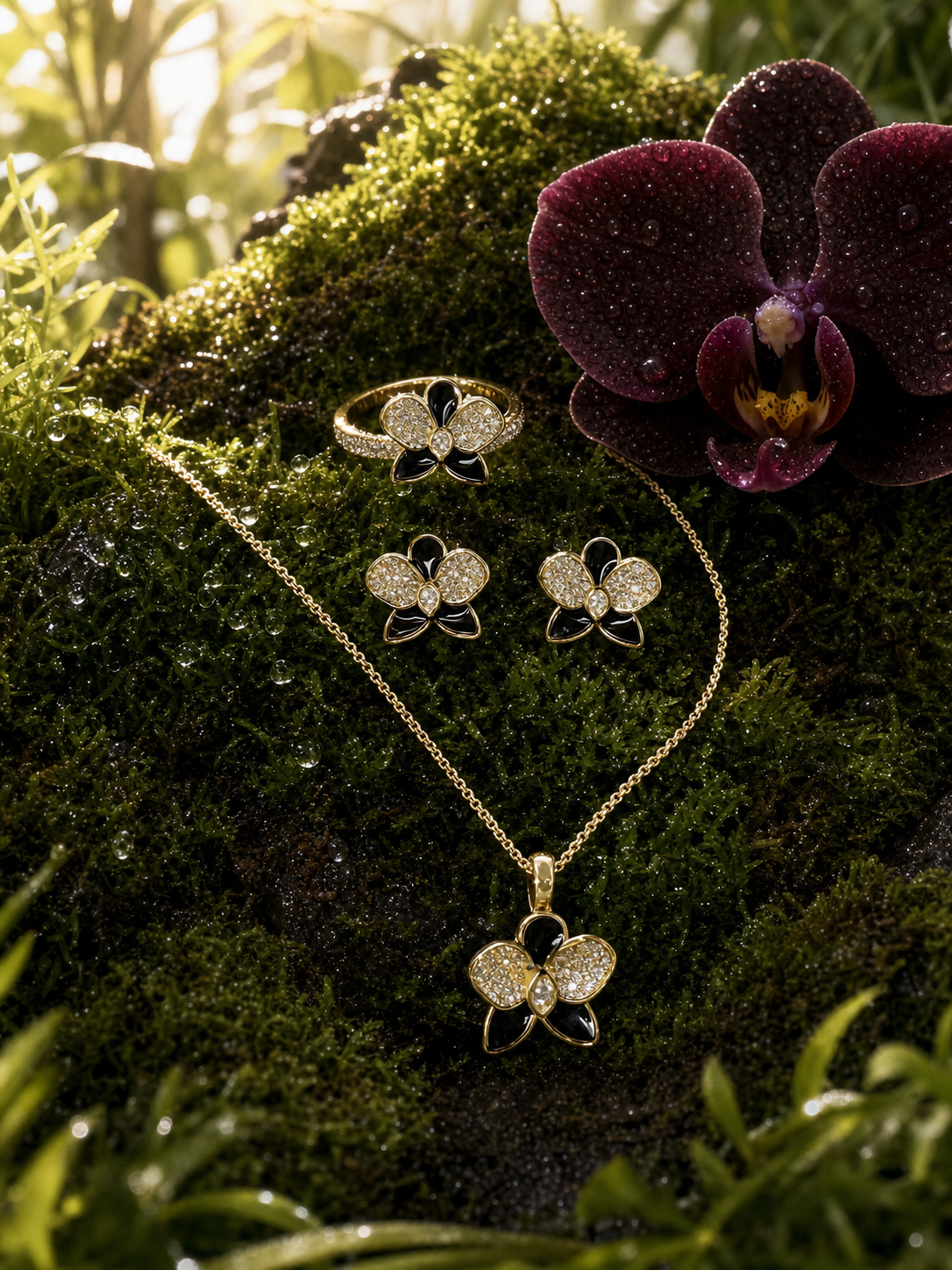 Black Midnight Phalaenopsis Orchid Set — jewelry hero on moss with matching orchid