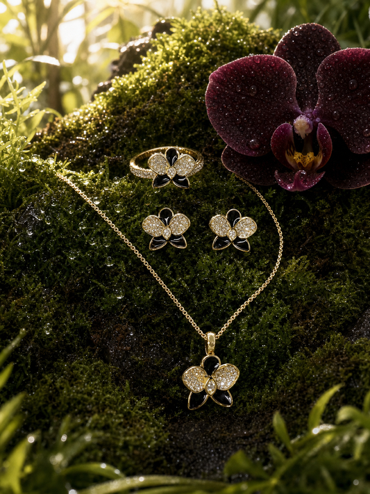Black Midnight Phalaenopsis Orchid Set — jewelry hero on moss with matching orchid