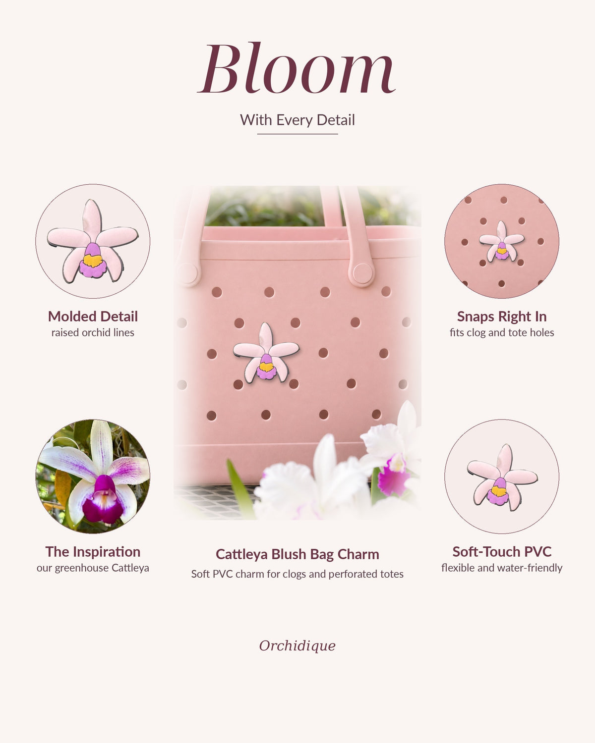 Blush Cattleya orchid bag charm detail callouts
