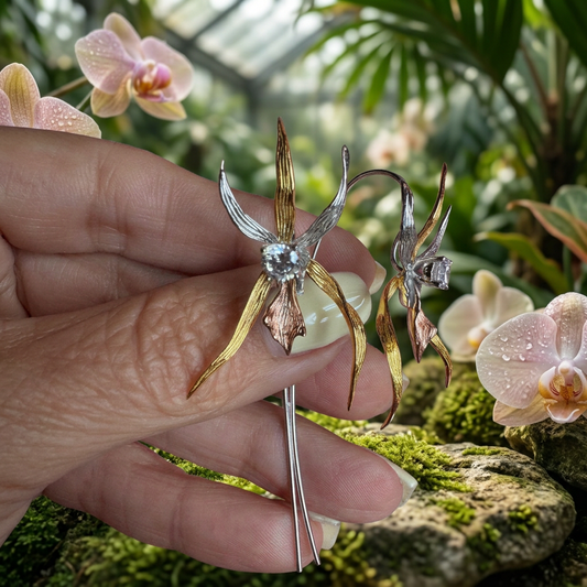 Tri-Color Brassavola Orchid Dangle Earrings - Greenhouse Setting - Orchidique
