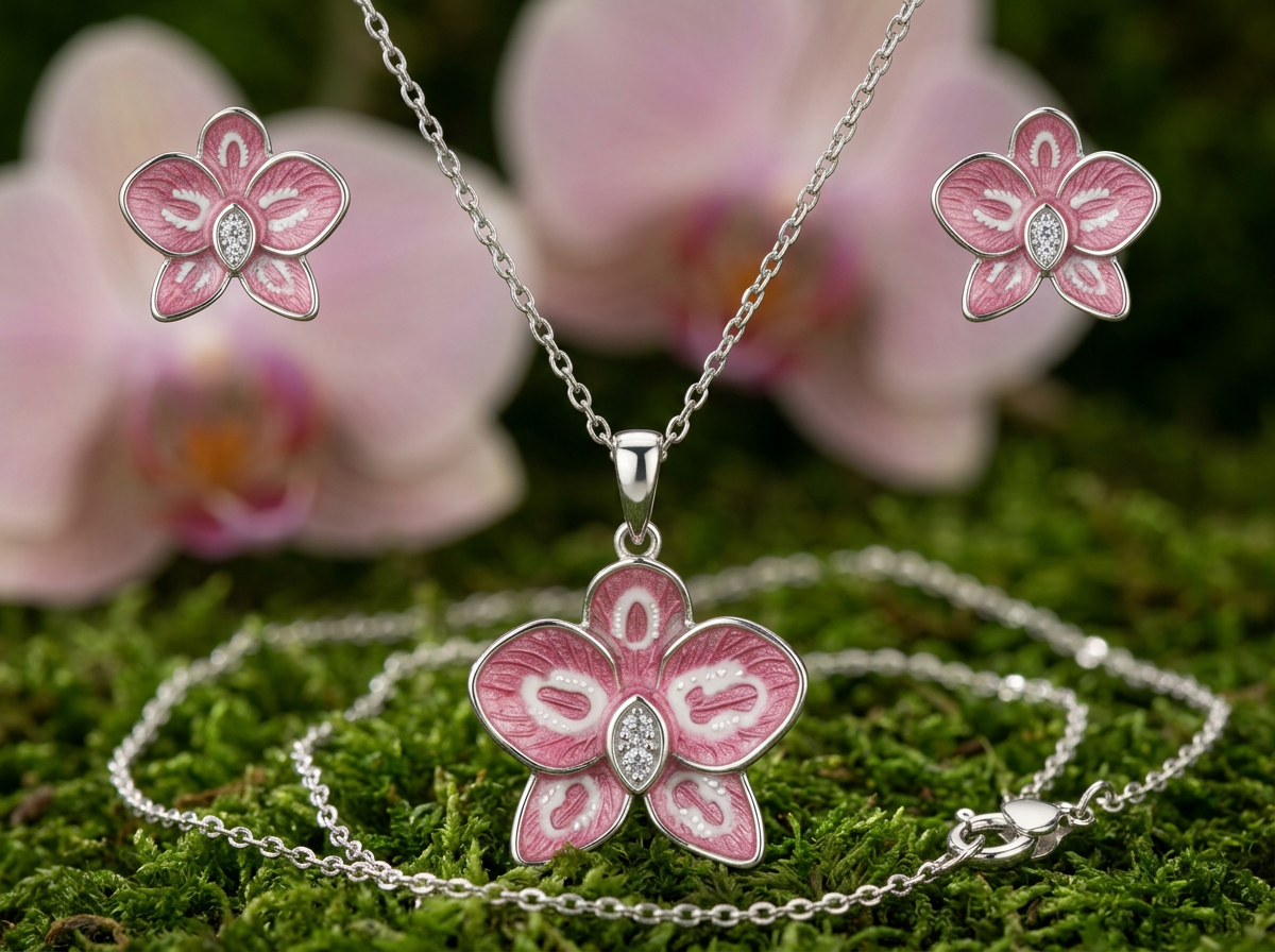 phalaenopsis orchid necklace or studs, pink splash enamel, rhodium plated sterling silver, set on moss – Orchidique