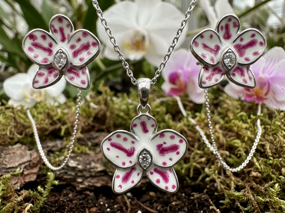 phalaenopsis orchid necklace or studs, white splash enamel, rhodium plated sterling silver, detail view – Orchidique