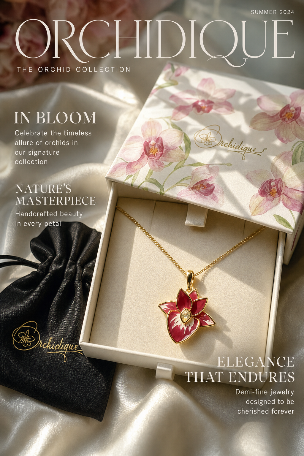Burgundy Catasetum Orchid Jewelry Set • 925 Silver • 14K Gold • Burgundy Enamel • Mel's Signature - Orchidique
