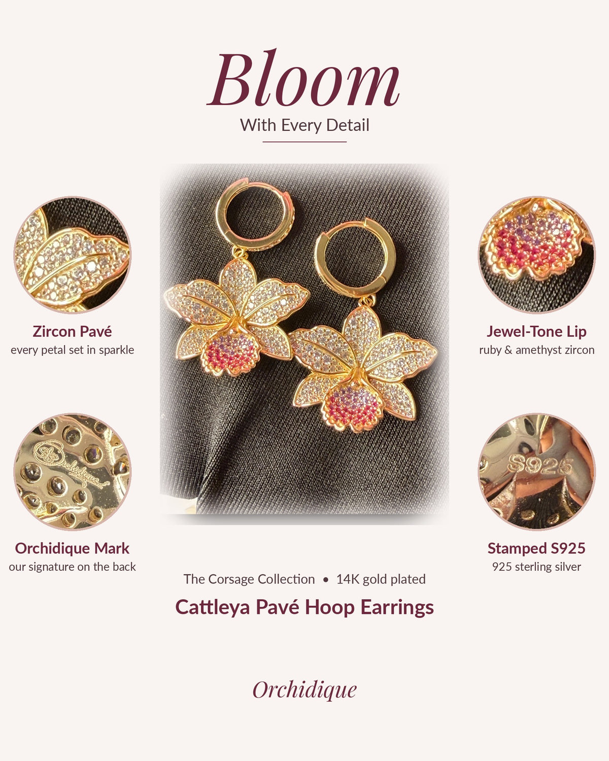 cattleya orchid hoop earrings, 14K gold plated sterling silver, bloom infographic, stamp detail – Orchidique
