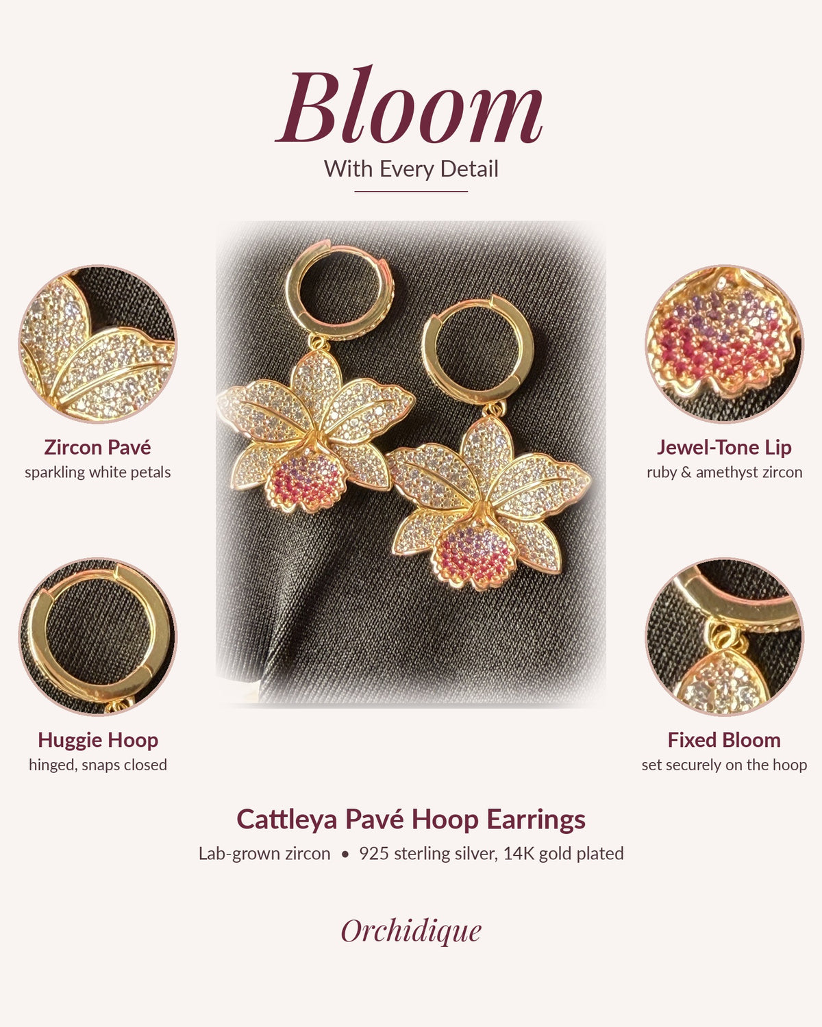 cattleya orchid hoop earrings, 14K gold plated sterling silver, bloom infographic, hoop detail – Orchidique