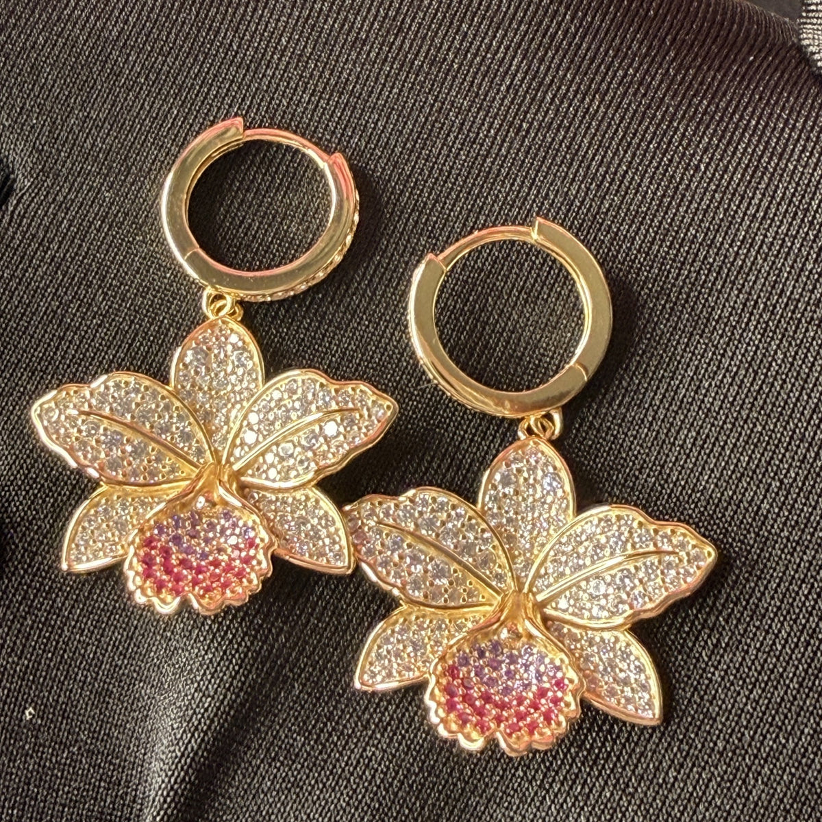 cattleya orchid hoop earrings, zircon, 14K gold plated sterling silver – Orchidique