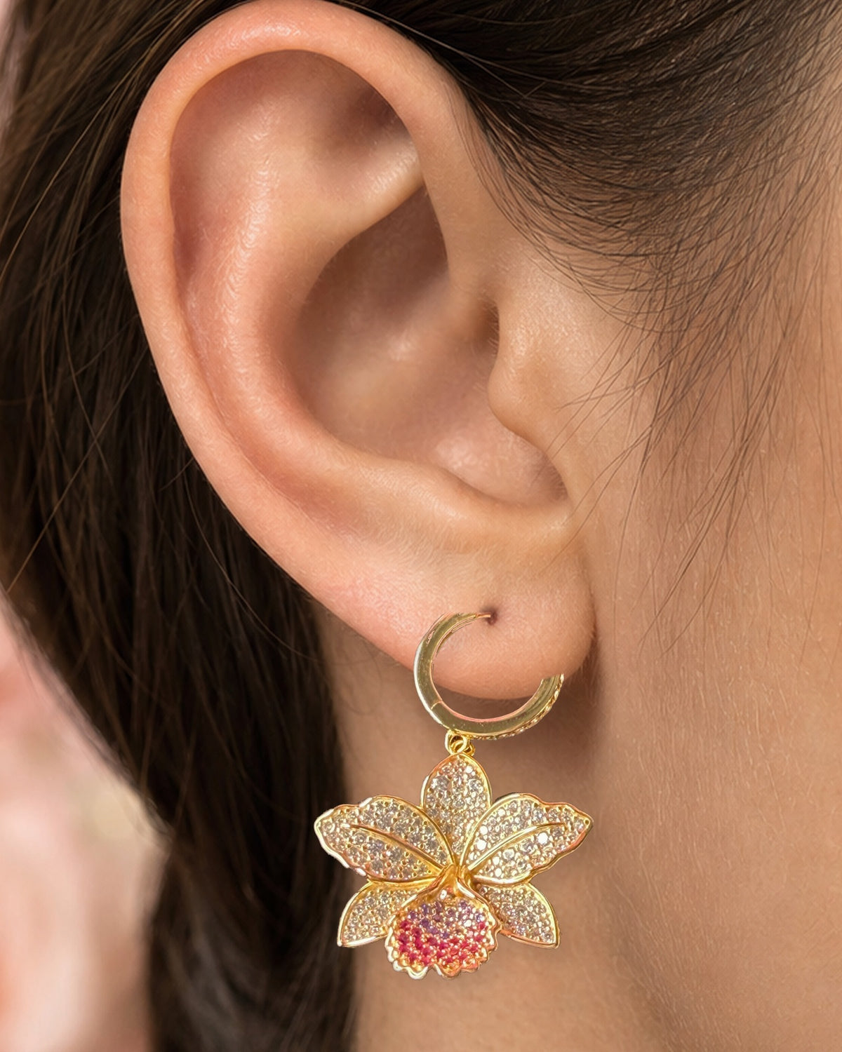 cattleya orchid hoop earrings, 14K gold plated sterling silver, detail view – Orchidique
