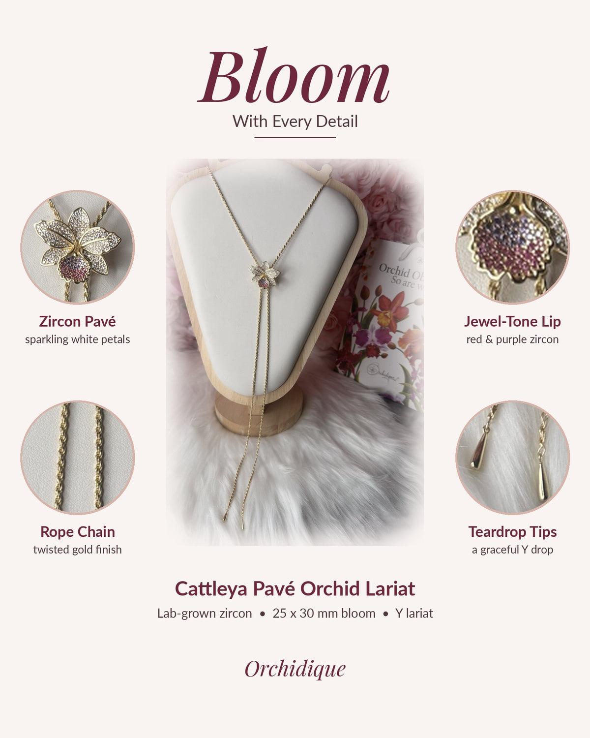 cattleya orchid necklace, 14K gold plated sterling silver, detail poster with close-ups – Orchidique