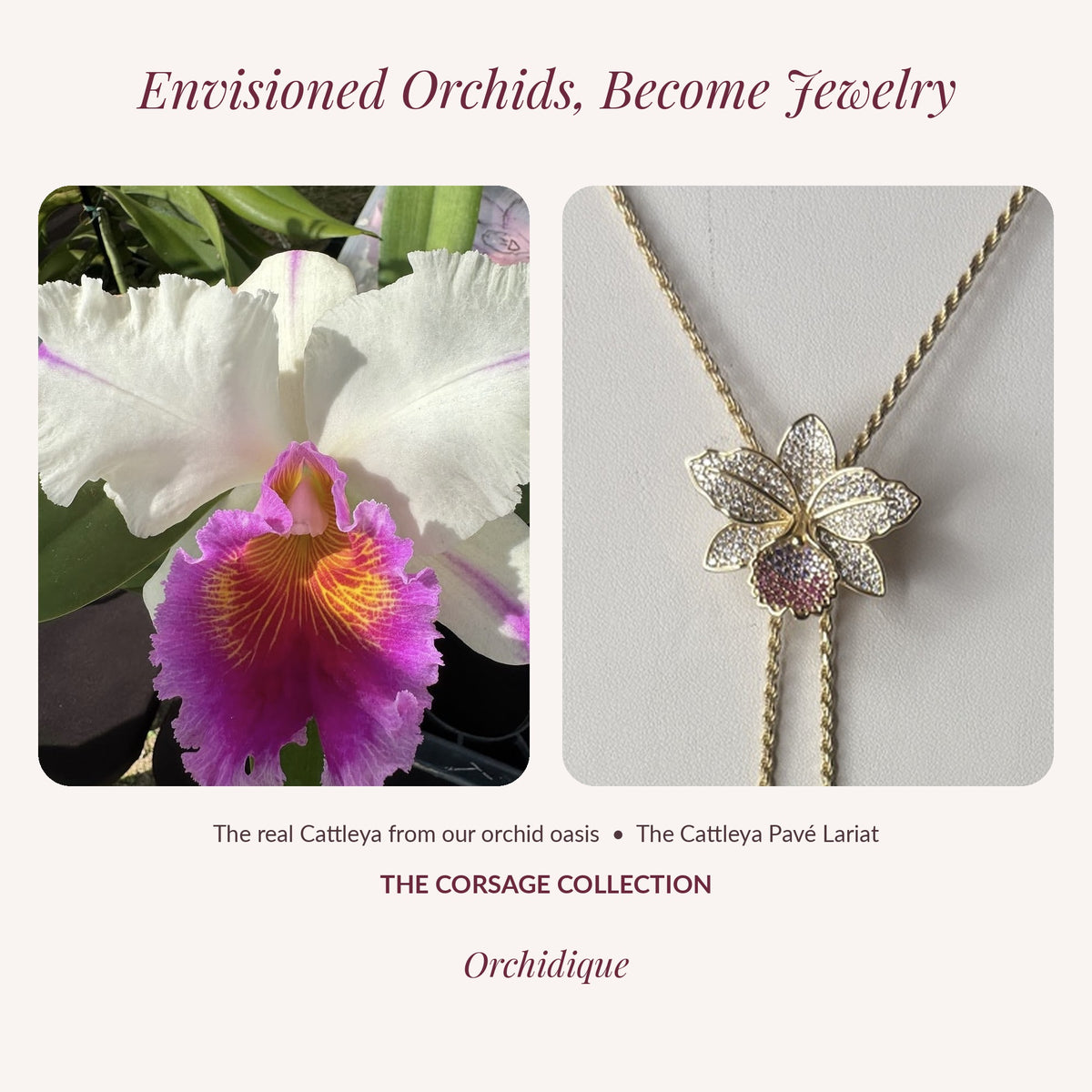 cattleya orchid necklace, zircon, 14K gold plated sterling silver – Orchidique