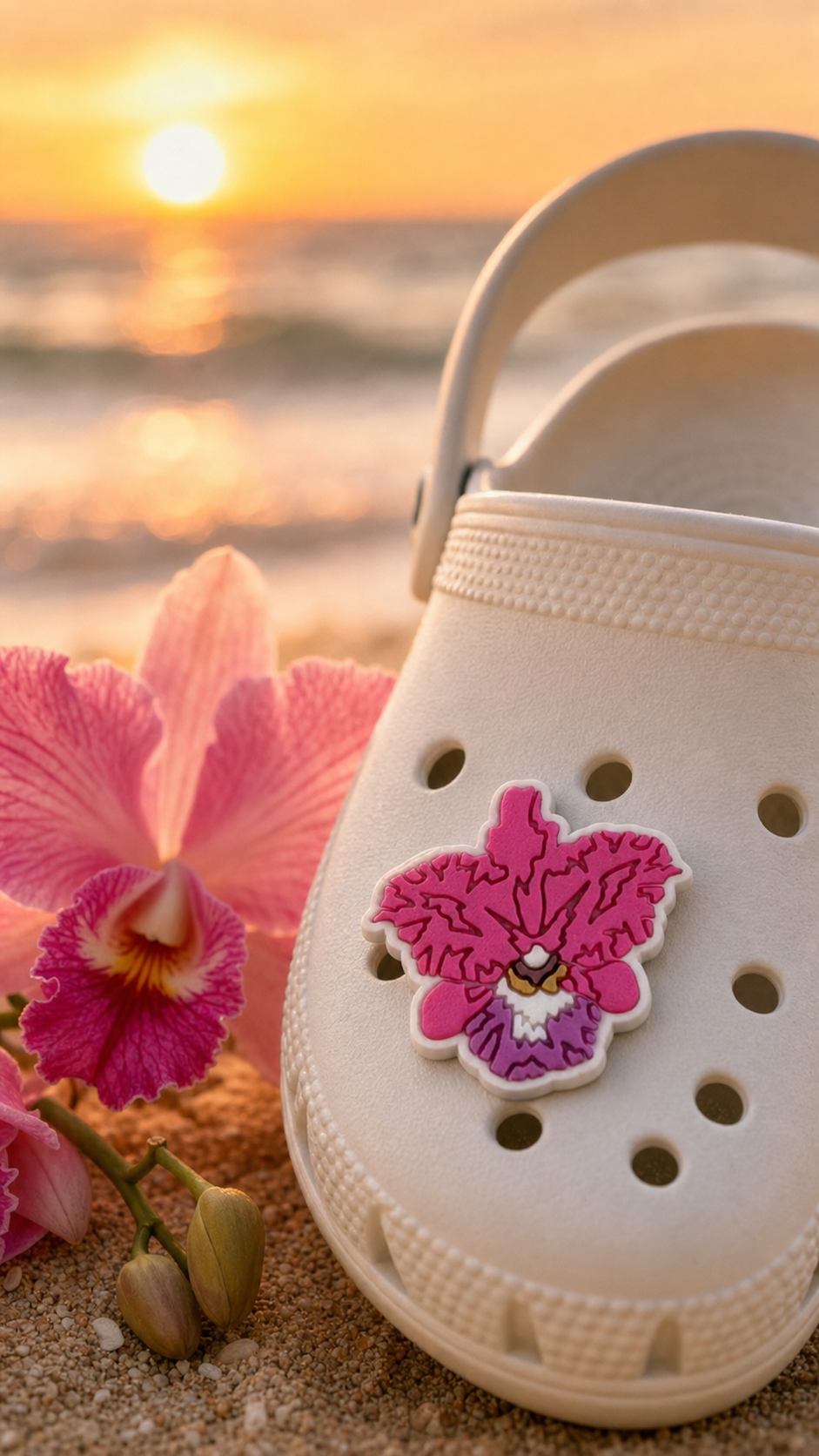 Pink Cattleya orchid clog charm on white rubber clog at sunset with real orchid - Orchidique