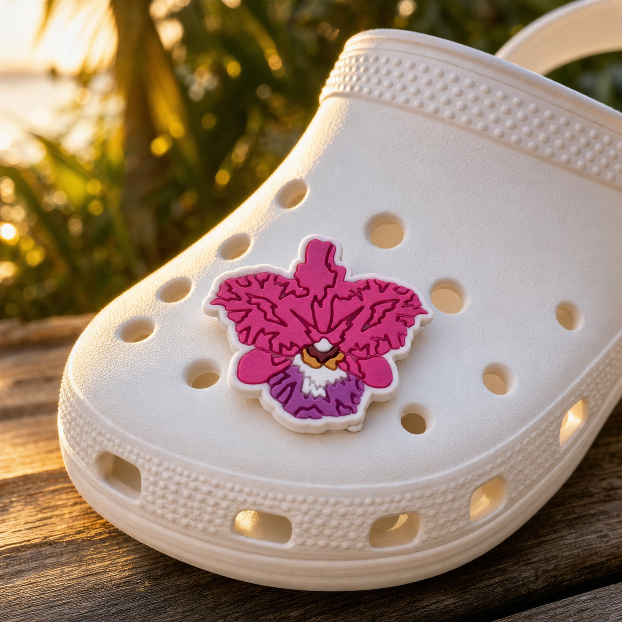 Pink Cattleya orchid clog charm close-up on white rubber clog at golden hour - Orchidique