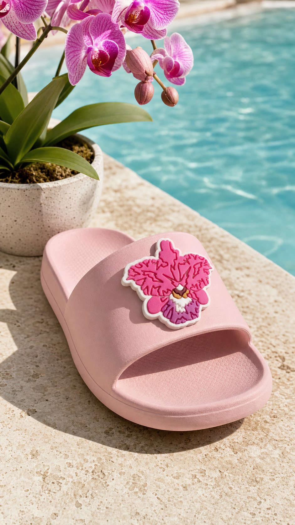 Pink Cattleya orchid charm clipped to pink slide sandal poolside with real orchids - Orchidique